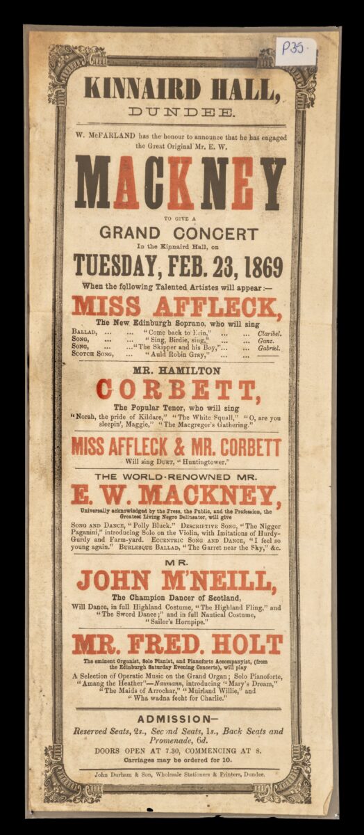 Victorian concert poster for Kinnaird Hall, Dundee, advertising a grand concert on Tuesday, 23 February 1869. The cream-coloured poster features decorative borders and bold black and red typography highlighting the name of entertainer E. W. Mackney. Other performers include Miss Affleck, Mr Hamilton Corbett, John M'Neill and Fred Holt. Admission prices and event details appear at the bottom.