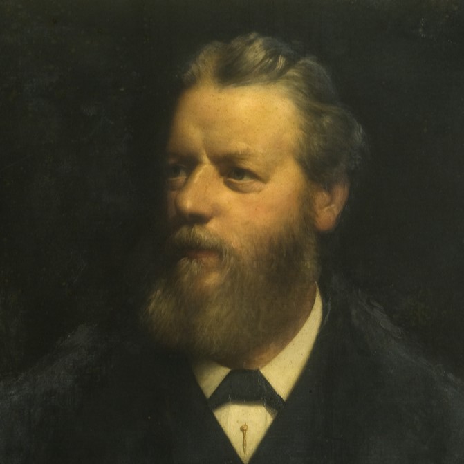 Dark-toned oil portrait of a bearded sitter (William McFarland) in a black jacket and white shirt, shown from the chest up against a shadowy background, facing slightly to the left.