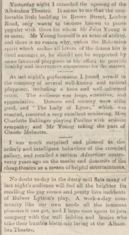 Review of a visit to the Alhambra, Brown Street, Dundee, in July 1898. Published in The Evening Telegraph, 14 July 1898.