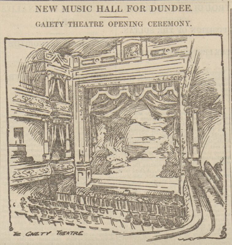 Interior sketch of 'New Music Hall for Dundee: Gaiety Theatre Opening Ceremony', Gaiety Theatre, Dundee Courier, 11 April 1903, p.6
