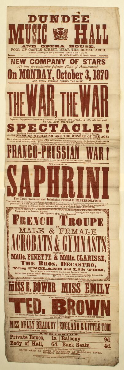 Victorian theatre poster for Dundee Music Hall advertising a week of variety entertainment in October 1870, featuring a stage spectacle based on the Franco–Prussian War, performers including Saphrini, acrobatic acts, singers, and comedians, printed in large red and black lettering.