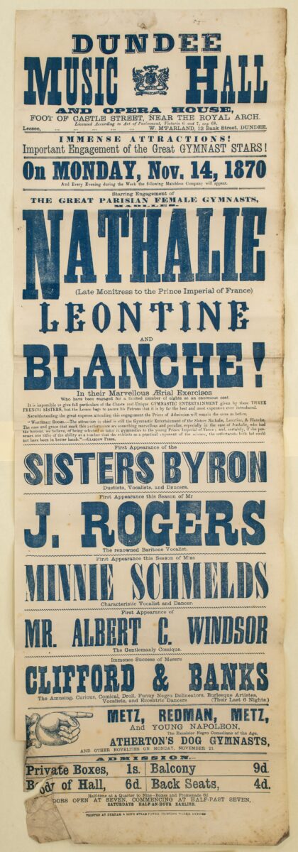 Blue Dundee Music Hall and Opera House poster advertising a programme from 14 November 1870, featuring the Parisian female gymnasts Nathalie, Leontine and Blanche, alongside singers, comedians, dancers, and variety acts including Clifford & Banks and the Sisters Byron. Admission prices are listed at the bottom.