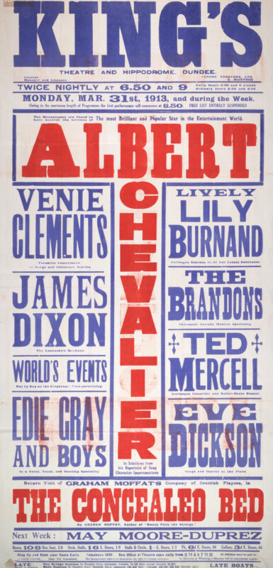 Large red, blue, and white theatre poster for the King’s Theatre and Hippodrome, Dundee, advertising a variety programme beginning 31 March 1913. The poster is dominated by the name “Albert Chevalier” in oversized red lettering and lists supporting performers including Venie Clements, Lily Burnand, James Dixon, Ted Mercell, Eve Dickson, and Graham Moffat’s company in The Concealed Bed.