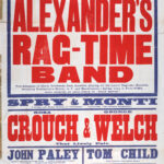 Large red, blue, and white theatre poster for the King’s Theatre and Hippodrome, Dundee, advertising a variety programme beginning 6 October 1913. The poster is dominated by the words “Alexander’s Rag-Time Band” in oversized red lettering and lists supporting acts including Crouch and Welch, John Paley, Tom Child, Beatrice Allen, and clown Gobert Belling.