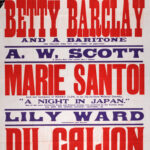 Large red, blue, and white theatre poster for the King’s Theatre and Hippodrome, Dundee, advertising a variety programme beginning 14 July 1913. The bill is headlined by Betty Barclay and a Baritone, with additional acts including Marie Santo in A Night in Japan, A. W. Scott, Lily Ward, Du Calion, Wyotti, and comedy duo Ike and Wil Scott.