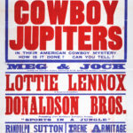 Large red, blue, and white theatre poster for the King’s Theatre and Hippodrome, Dundee, advertising a variety programme beginning 14 April 1913. The bill is headlined by “The World-Famous Cowboy Jupiters” and features singers, comedians, novelty performers, and the musical comedy McDougal at Buie. Oversized block lettering and strong colour contrasts create a striking Edwardian theatre advertisement.