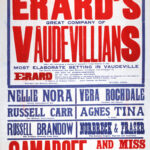 Large red, blue, and white theatre poster advertising a variety bill at the King’s Theatre and Hippodrome, Dundee, beginning 28 April 1913. Headlined by “Erard’s Great Company of Vaudevillians,” the poster lists numerous performers in bold block lettering, with striking oversized typography typical of early twentieth-century music hall advertising.