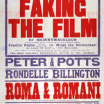 Large red, blue, and white theatre poster for the King’s Theatre and Hippodrome, Dundee, advertising a variety programme beginning 24 February 1913. The poster is dominated by the title Faking the Film in oversized red lettering and lists supporting performers including Peter and Potts, Rondelle Billington, Roma and Romani, Jack Smiles, Greta Mack, and Elie Fay.