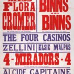 Large red, blue, and white theatre poster for the King’s Theatre and Hippodrome, Dundee, advertising Anniversary Week beginning 25 August 1913. The bill is headlined by Flora Cromer and Binns and Binns, with supporting acts including The Four Casinos, Elsie Malpas, 4-Miradors-4, Alcide Capitaine, Hazel Glade, and The Burnells.