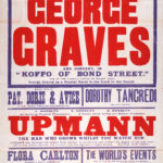 Large red, blue, and white theatre poster for the King’s Theatre and Hippodrome, Dundee, advertising a variety programme beginning 29 September 1913. The bill is headlined by comedian George Graves in Koffo of Bond Street, with supporting performers including Dorothy Tancredi, Flora Carlton, Florrie Forde, and the novelty act Upmann, “the man who grows whilst you watch him.” Bold block lettering dominates the design, typical of Edwardian theatre advertising.