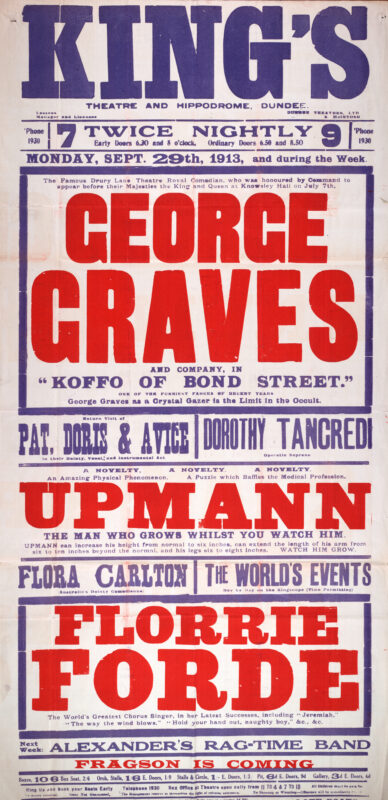 Large red, blue, and white theatre poster for the King’s Theatre and Hippodrome, Dundee, advertising a variety programme beginning 29 September 1913. The bill is headlined by comedian George Graves in Koffo of Bond Street, with supporting performers including Dorothy Tancredi, Flora Carlton, Florrie Forde, and the novelty act Upmann, “the man who grows whilst you watch him.” Bold block lettering dominates the design, typical of Edwardian theatre advertising.
