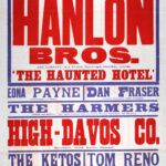 This poster advertises a variety programme at Dundee’s King’s Theatre and Hippodrome beginning 10 March 1913. Headlined by the American comedy troupe Hanlon Bros. in The Haunted Hotel, the bill also featured comedian Edna Payne, Scottish character vocalist Dan Fraser, roller-skating acrobats High-Davos Co., and musical entertainers The Croslands.