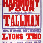 Large red, blue, and white theatre poster for the King’s Theatre and Hippodrome, Dundee, advertising a variety programme beginning 12 May 1913. The poster is dominated by the names “Harmony Four” and “Tallman,” with supporting acts including Winsome Drummond, the Lyons Trio, May, Ivy and Daisy Gilby, Doris Hunter, Jock Mills, and Pat, Olga and Alice.