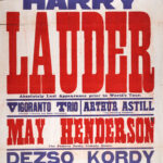 Large red, blue, and white theatre poster for the King’s Theatre and Hippodrome, Dundee, advertising a variety programme beginning 15 December 1913. The poster is dominated by the name “Harry Lauder,” with supporting acts including the Vigoranto Trio, Arthur Astill, May Henderson, Dezso Kordy, and comedy duo Scott and Whaley.