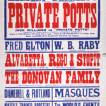 Large red, blue, and white theatre poster for the King’s Theatre and Hippodrome, Dundee, advertising a variety programme beginning 1 September 1913. The bill is headlined by Herbert Darnley’s comedy productions Private Potts and Say Nothing, with supporting acts including Fred Elton, W. B. Raby, Alvaretta, Rego and Stoppit, the Donovan Family, Damerell and Rutland, Masques, and Nikita’s Trained Roosters. Bold oversized lettering and contrasting colours dominate the design, typical of Edwardian theatre advertising.