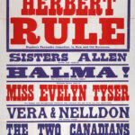 Large red, blue, and white theatre poster for the King’s Theatre and Hippodrome, Dundee, advertising a variety programme beginning 7 July 1913. Headlined by Dundee comedian Herbert Rule, the bill includes the Sisters Allen, Halmay, violinist Evelyn Tyser, Vera and Nelldon, the Two Canadians, Madge Goodall, and the Wolken Trio aerial act. Bold block lettering and strong colour contrasts dominate the design.