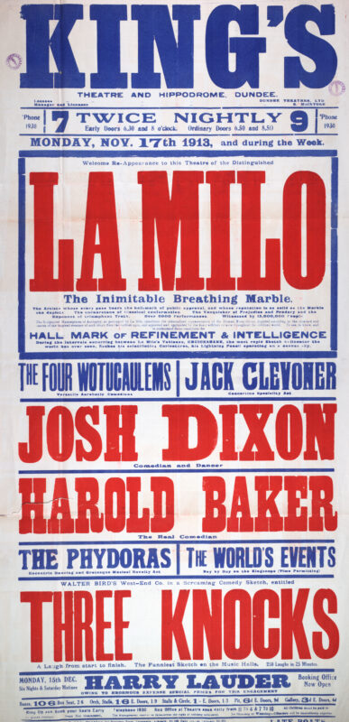 Large red, blue, and white theatre poster for the King’s Theatre and Hippodrome, Dundee, advertising a variety programme beginning 17 November 1913. The poster is dominated by the name “Lamilo,” billed as “The Inimitable Breathing Marble,” and lists supporting acts including The Four Wotucaulems, Jack Cleyoner, Josh Dixon, Harold Baker, The Phydoras, and Walter Bird’s comedy sketch Three Knocks.