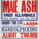 Large red, blue, and white theatre poster for the King’s Theatre and Hippodrome, Dundee, advertising a variety programme beginning 8 December 1913. The bill is headlined by musical comedy performers Mae Ash and Fred Allandale in The Soldier and the Girl, with supporting acts including Charrurn’s Young Stars, Randolph King, Albert Toulouse, Mons. Reynard, and harpist Mlle. Rosella.