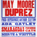 Large red, blue, and white theatre poster for the King’s Theatre and Hippodrome, Dundee, advertising a variety programme beginning 7 April 1913. The bill is headlined by Scottish music hall favourite May Moore Du Prez and includes comedians Fred Hutchings and Arthur Clifton, singer Ada Catley, Smaragda’s performing cats, Jennie Bartley, and screenings of Quo Vadis?. Bold oversized lettering dominates the design.