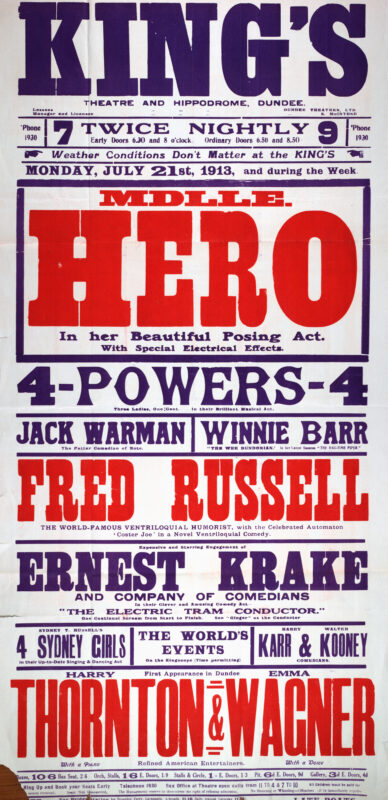 Large red, purple, and white theatre poster for the King’s Theatre and Hippodrome, Dundee, advertising a variety programme beginning 21 July 1913. The poster is dominated by the name “Middle Hero” in oversized red lettering and lists supporting performers including Fred Russell, Ernest Krake and Company, Winnie Barr, Jack Warman, Thornton and Wagner, and the musical act 4-Powers-4.