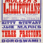 This poster advertises a variety programme at Dundee’s King’s Theatre and Hippodrome beginning 30 June 1913. Headlined by Moller’s Lilliputians, a troupe of miniature performers presenting a range of acrobatic, illusion, and novelty acts, the bill also featured comedian Kitty Stewart, juvenile entertainer Jack Marks, musician Doroswami, and the trampoline act The Three Ernests.