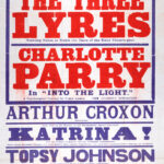 Large red, blue, and white theatre poster for the King’s Theatre and Hippodrome, Dundee, advertising a variety programme beginning 17 March 1913. The bill is headlined by The Three Lyres and Charlotte Parry in Into the Light, with supporting acts including Arthur Croxon, violinist Katrina, Topsy Johnson, Frank Powell, and Australian performer Jack Kelly.