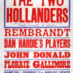 Large red, blue, and white poster for the King’s Theatre and Hippodrome, Dundee, advertising a variety programme beginning 21 April 1913. Featured acts include The Two Hollanders, Rembrandt, Dan Hardie’s Players, John Donald, Florrie Gallimore, and Henri de Vries’s spectacular naval stage production Submarine F7. Bold block lettering dominates the design, typical of Edwardian music hall advertising.