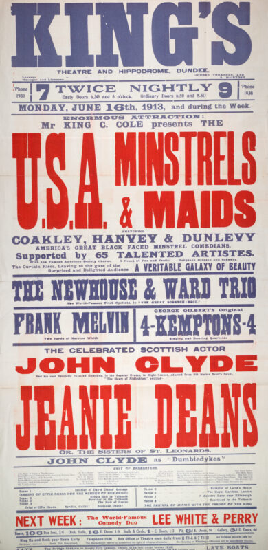 This poster advertises a variety programme at Dundee’s King’s Theatre and Hippodrome beginning 10 February 1913. Headlined by illusionist and magician Chung Ling Soo, one of the most famous stage performers of the era, the bill also featured singers, comedians, speciality acts, and dramatic sketches.