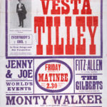 Large red, blue, and white theatre poster for the King’s Theatre and Hippodrome, Dundee, advertising a variety programme from 3 November 1913. The bill is headlined by music hall star Vesta Tilley, with supporting acts including Jenny and Joe, Fitz-Allen, The Gilberts, Monty Walker, and Bell-Hattons. A small photographic portrait of Vesta Tilley appears beside the main title, while bold block lettering dominates the design.