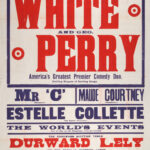 Historic theatre poster for the King’s Theatre and Hippodrome, Dundee, advertising performances from 23 June 1913. Large red and blue lettering promotes comedy duo Lee White and Geo. Perry, alongside Maude Courtney, Estelle Collette, Durward Lely, and John Clyde in the Scottish comedy drama Cramond Brig. The poster features bold typography with performance times and ticket prices.