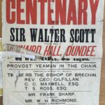 Large, worn nineteenth-century poster announcing a “Festival in Celebration of the Centenary of Sir Walter Scott” at Kinnaird Hall, Dundee, on Wednesday 8 August. Printed in bold black and red lettering, the poster lists Provost Yeaman as chair, speakers including the Bishop of Brechin and Rev. George Gilfillan, vocalist Frank Sharp, and accompanist W. H. Richmond. Admission prices, train and boat transport arrangements, folds, tears, and repairs are visible across the paper.