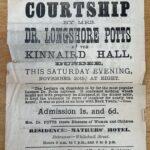 Black-and-white nineteenth-century poster advertising a lecture on “Courtship” by Mrs Dr Longshore Potts at Kinnaird Hall, Dundee, on Saturday 20 November at 8 p.m. The notice includes a newspaper endorsement, admission price of one shilling and sixpence, and details of medical consultations offered by Mrs Potts and Dr Harrison at Mathers’ Hotel. The worn paper shows folds, tears and handwritten catalogue markings.