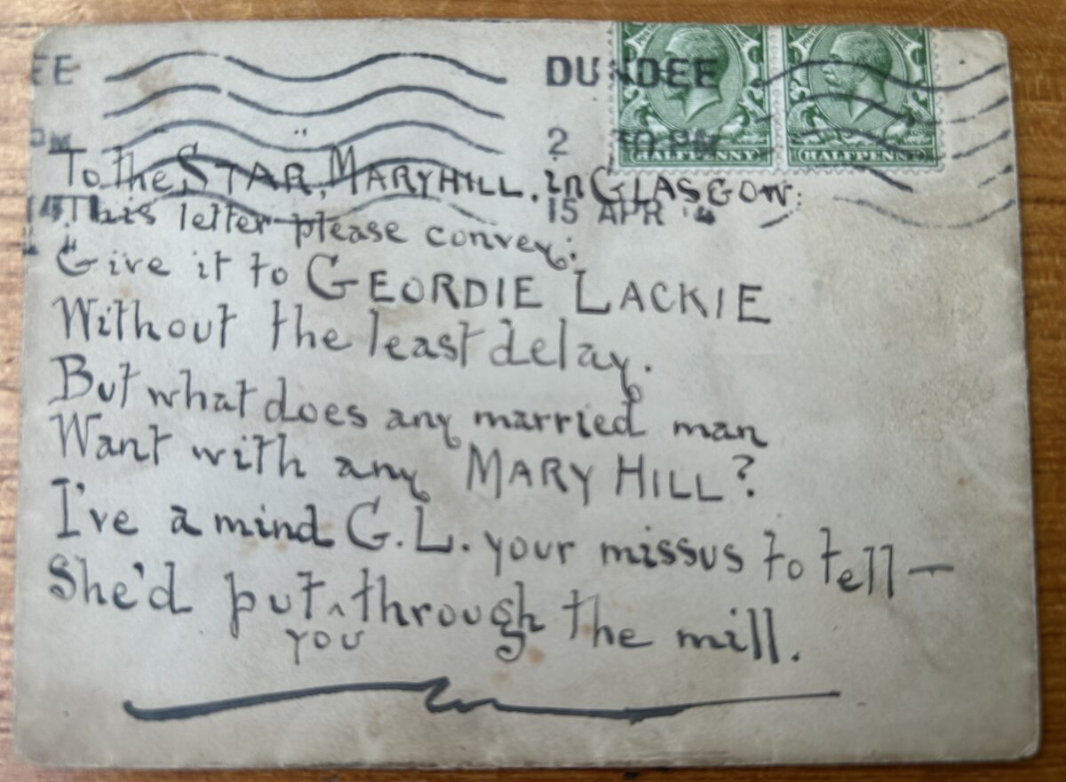 Handwritten note addressed to Geordie Lackie at the Star Theatre, Maryhill, Glasgow, featuring a humorous rhyming message, Dundee postmarks, and two green King George V halfpenny stamps.