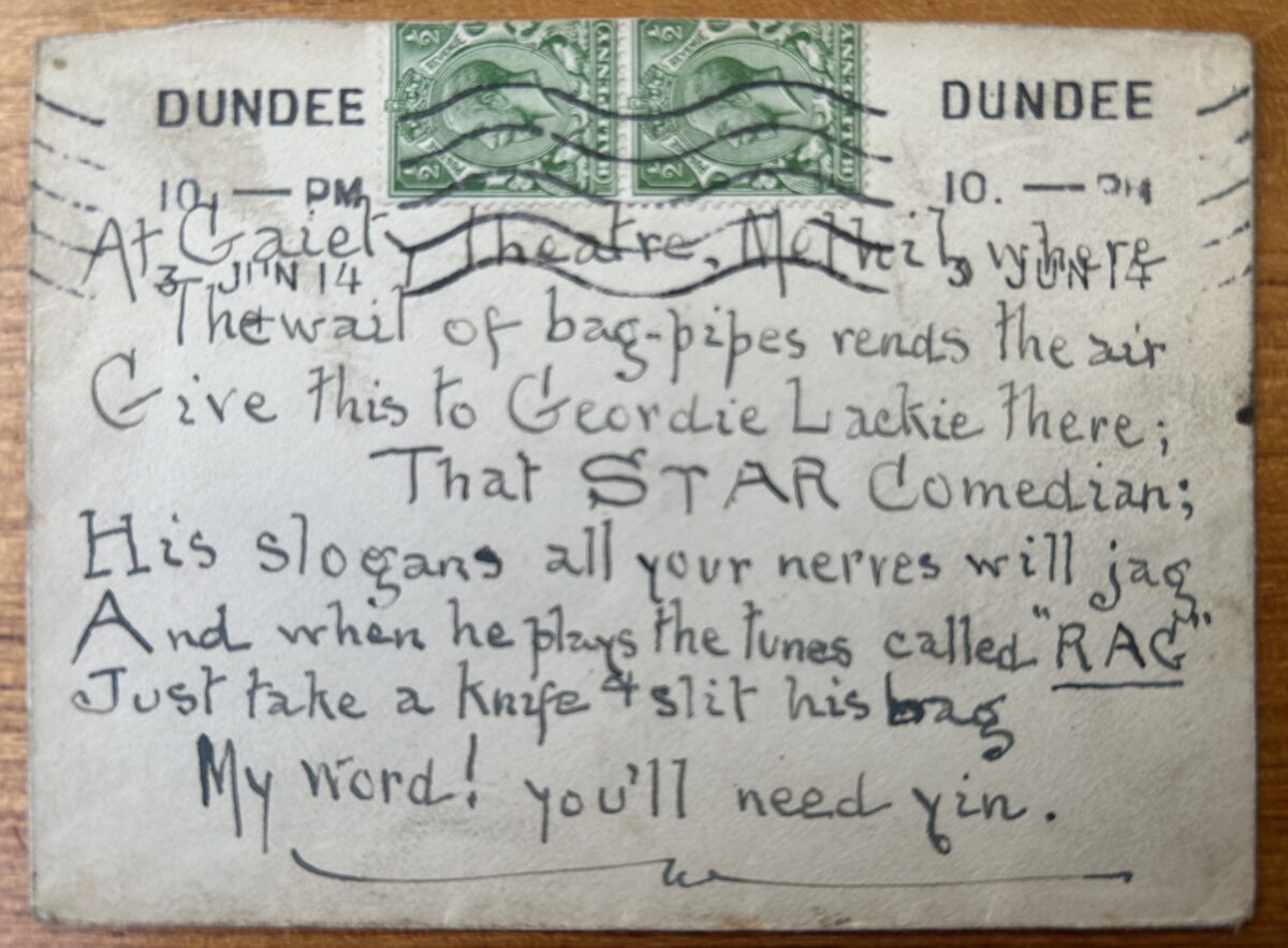 Handwritten postcard addressed to Geordie Lackie at the Gaiety Theatre in Methil, featuring a humorous rhyming verse about bagpipes, with two green King George V stamps and Dundee postmarks dated June 1914.
