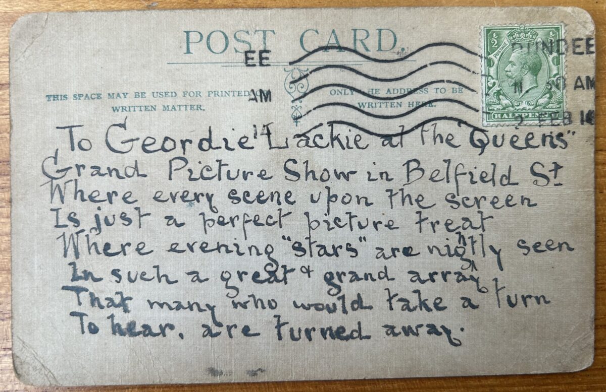 Handwritten postcard featuring a Scots verse addressed to Geordie Lackie, the “Piper O’ Dundee”. The card praises Glasgow’s Gaiety Hall and includes a red King Edward VII postage stamp with Dundee postmarks and cancellation marks.