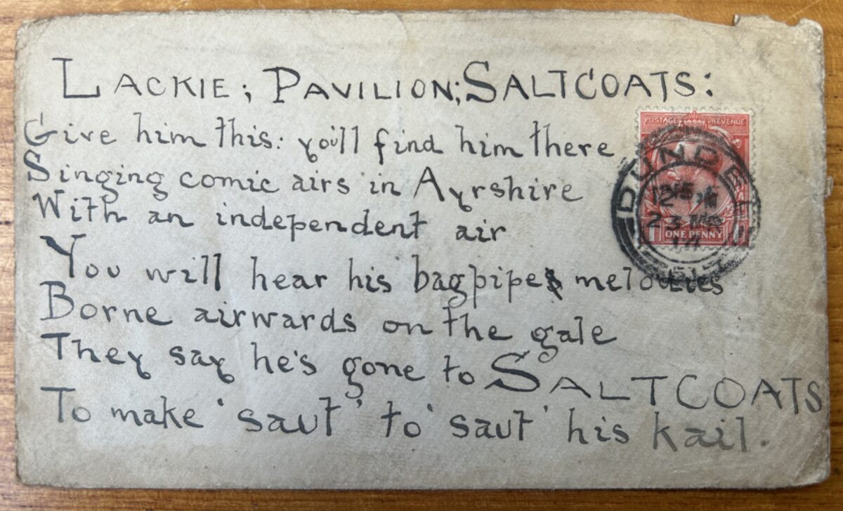 Handwritten postcard addressed to Geordie Lackie at the Pavilion Theatre, Saltcoats. The card contains a humorous rhyming verse about the performer’s comic songs and bagpipe melodies, with a red King George V one-penny stamp and circular postal cancellation mark.