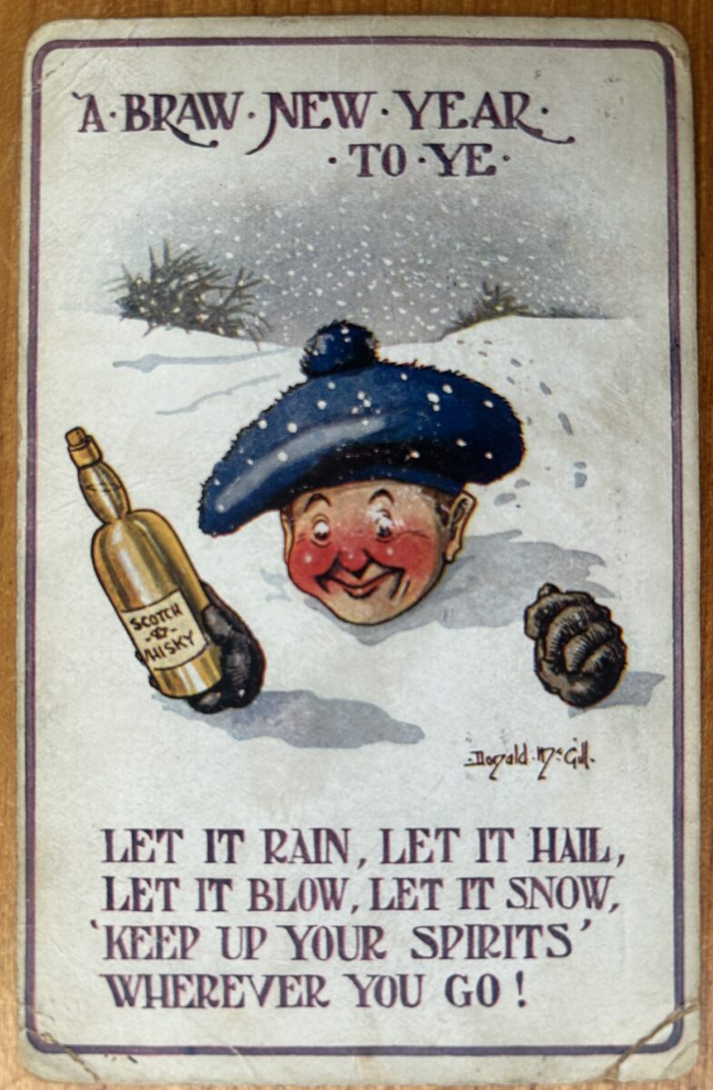 New Year postcard featuring Scottish dialect verse, postal markings, and a green King George V stamp.